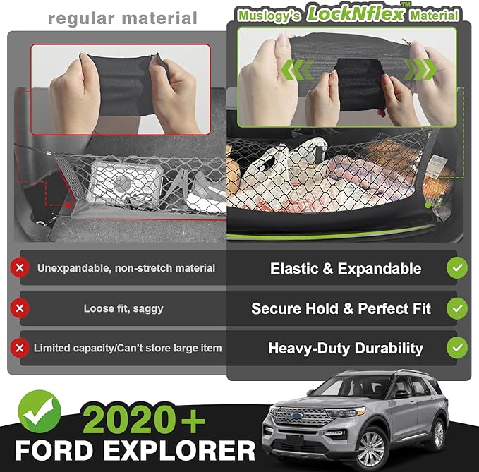 Muslogy Envelope Style Trunk Cargo Net Compatible with 2020-2024 2025 Ford Explorer Accessories Custom Fit Trunk Organizer Upgraded Mesh Storage Luggage Net with Metal Hooks