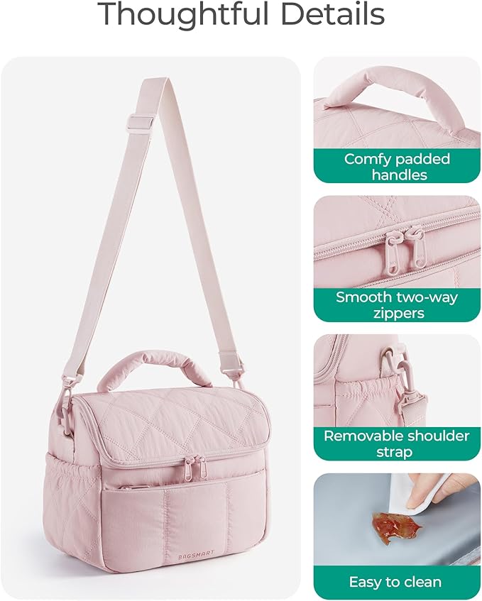 BAGSMART Insulated Lunch Bags for Women, Cute Quilted Lunch Box, Lightweight Puffy Padded Waterproof Lunch Tote, Reusable Lunch Cooler for Work Picnic Travel, Coffee Brown