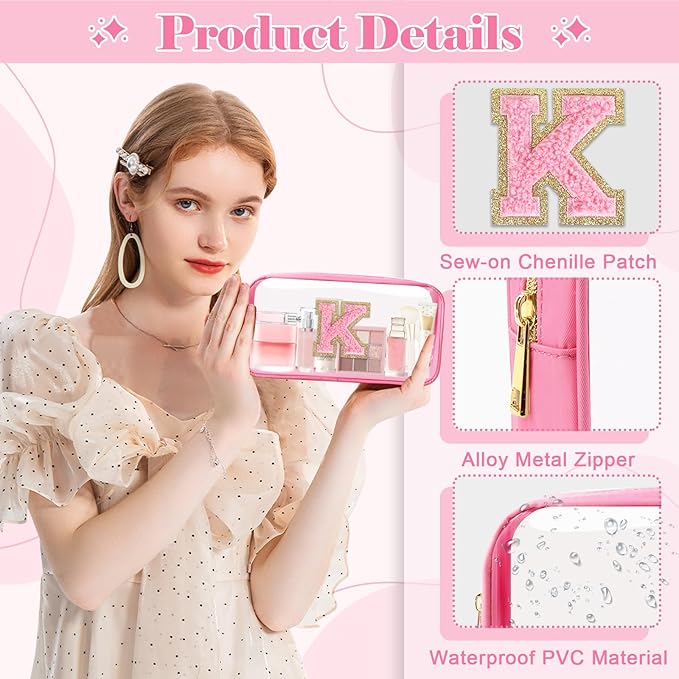 Personalized Initial Letter Clear Makeup Bag, Preppy Small Nylon & PVC Cosmetic Zipper Bag with Chenille Letter, Portable Beach Travel Skincare Toiletry Bag, Trendy Monogram Gift for Teen Girls Women, K