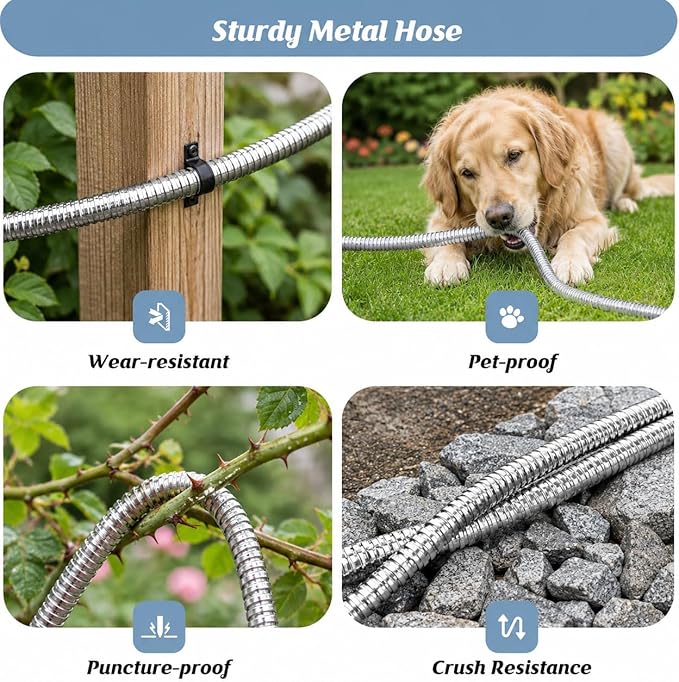 Garden Hose 100ft, Metal Water Hose, Kink-Free, Flexible Stainless Steel Hose, Heavy Duty Abrasion Resistant Leakproof Hose with 10-Function Spray Nozzle for Yard, Lawn, Outdoor, Marine and Camper