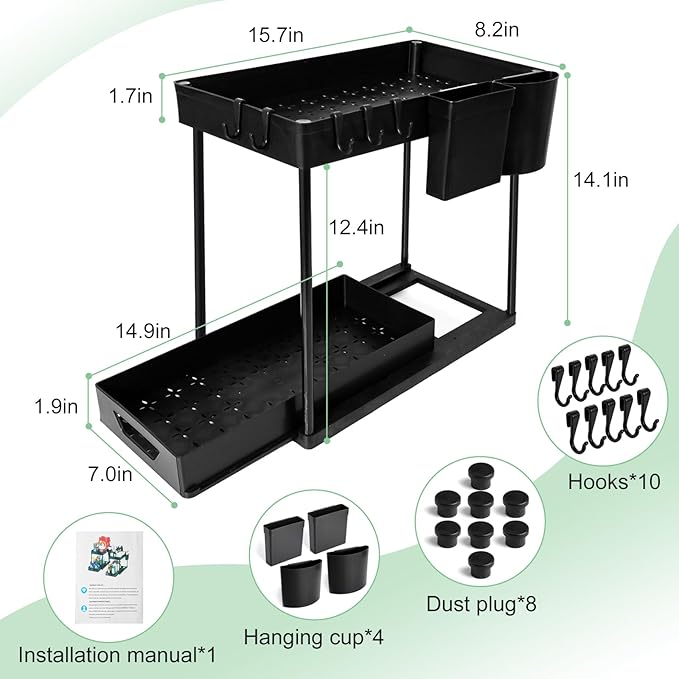 2-Pack Under Sink Organizer – 2-Tier Sliding Storage Rack for Bathroom & Kitchen, Pull-Out Under Cabinet Organizer for Bathroom Organizers and Storage (Black)