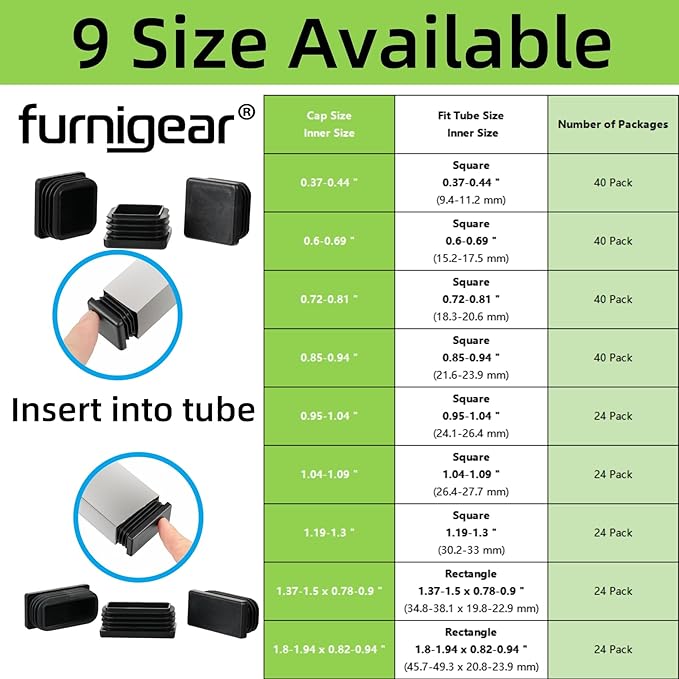 1" Square Tube End Cap Plastic Plugs Chair End Caps 1 Inch (25mm), 1X1 Tubing Plugs Furniture Sliders Glides Black (Fit 0.85-0.94" Square Tube Inner Size, 40pack)
