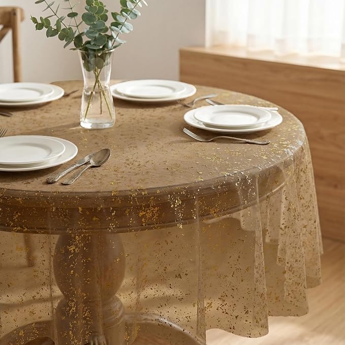 Horaldaily Coffee Gold Gauze Tablecloth 60x60 Inch Round, Golden Sequin Glitter Metallic Foil, Sheer Tulle Cheesecloth for Wedding Baby Shower Ceremony Birthday