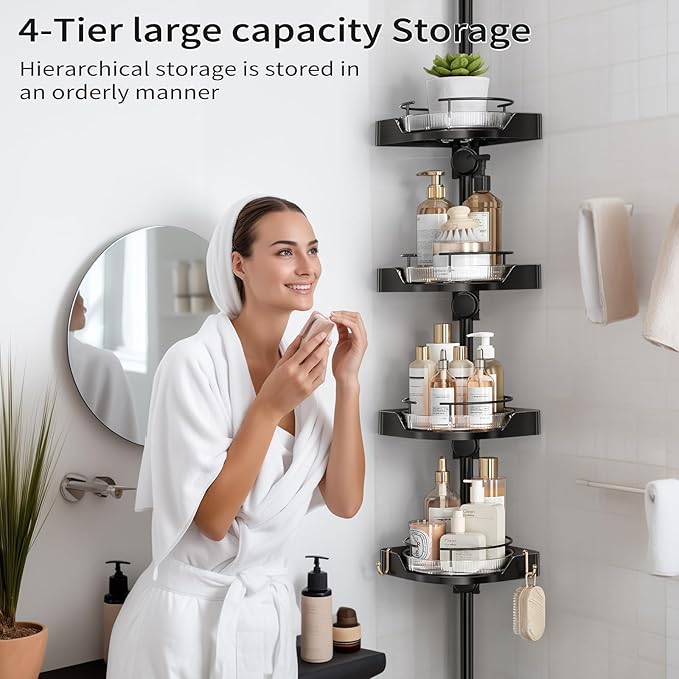 360° Rotating Shower Caddy Tension Pole, 4 Tiers Corner Shower Organizer for Bathroom Shelf Bathtub, Adjustable Standing Shower Rack Bathroom Accessories, Easily Assemble, 34-124 Inch Height, Black