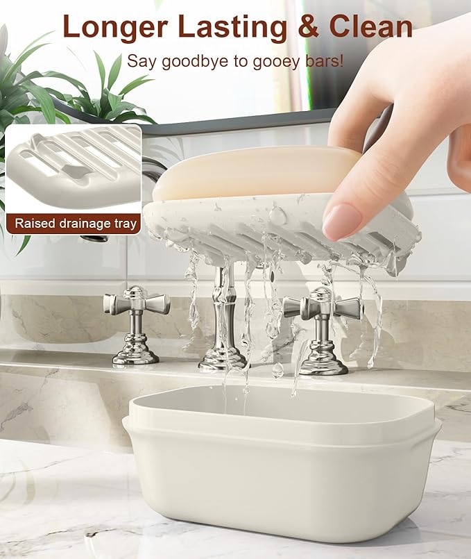 Quatish Leakproof Soap Dish with Lid & Draining Layer, Shatterproof Travel Bar Soap Holder Case Container, Portable Travel Size Toiletries Essentials for Camping, Gym, Bathroom, Beige