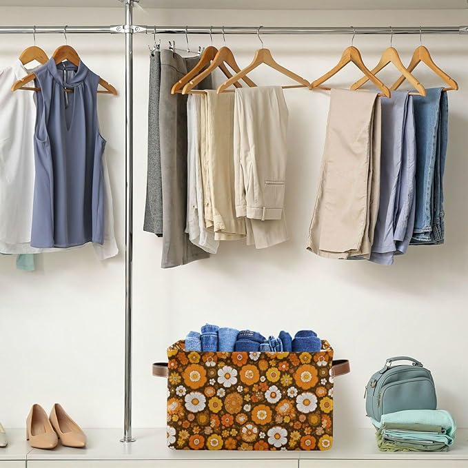 Aslsiy Storage Basket Orange 60s 70s Style Nursery Bins Retro Floral Baby Box Canvas Clothes Shelf Basket Laundry Hamper Gift Baskets for Home Closet 1 Pcs