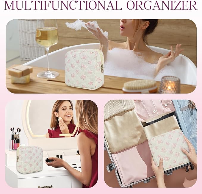Small Floral Quilted Makeup Bag, Coquette Aesthetic Travel Toiletry Organizer for Women, Lightweight Cotton Cosmetic Pouch