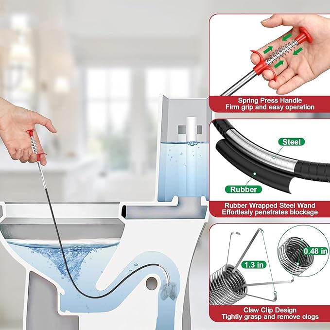 Drain Snake, Bendable Hose Stainless Steel Sewer Clog Removal Tool for Kitchens, Bathrooms, Showers and Tubs Flexible Gripping Claw Picker Tool (34 Inch)
