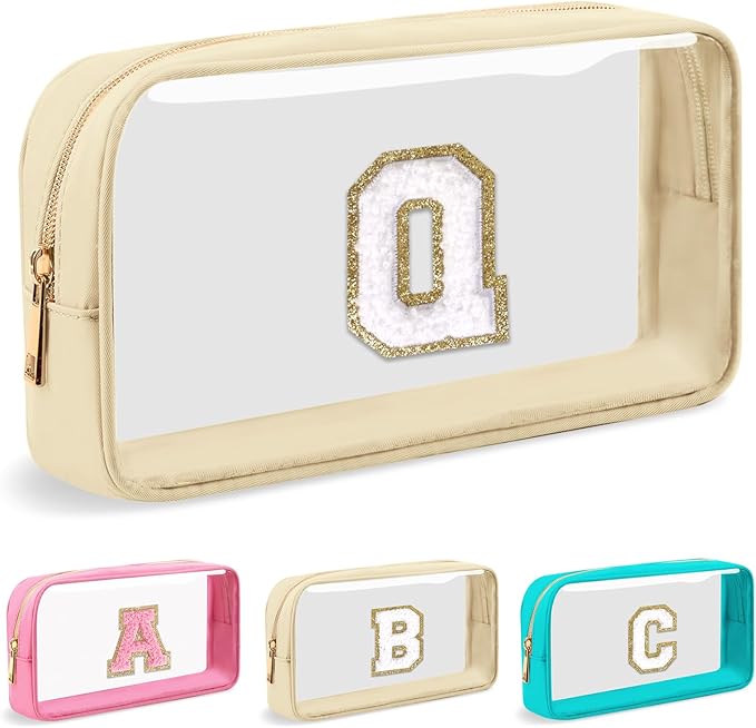 Personalized Initial Letter Clear Makeup Bag, Preppy Small Nylon&PVC Cosmetic Zipper Bag with Chenille Letter, Portable Beach Travel Skincare Toiletry Bag, Trendy Monogram Gift for Teen Girls Women, Q