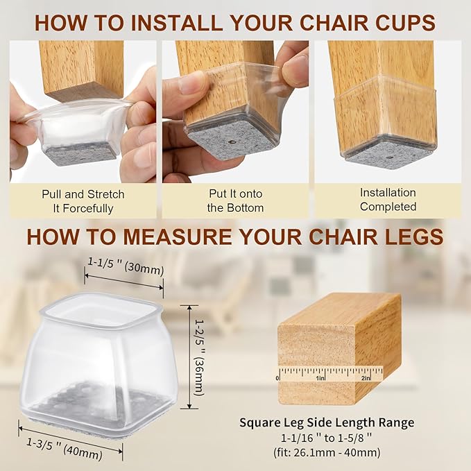 36Pcs Square Clear Chair Leg Floor Protectors, Silicone Chair Feet Caps to Protect Tile Floors, Felt Pads Furniture Leg Caps Covers from Scratches and Noise (Clear, Large Fit:1.03"-1.6")