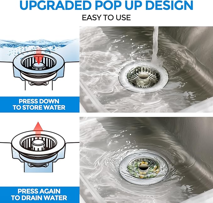 zaa Kitchen Sink Drain Strainer - Kitchen Sink Stopper, 304 Stainless Steel Sink Drain Stopper, Sink Protector for Kitchen with Anti-Clog Filter, Fit US Standard 3-1/2'' Sink Drain Hole, Nickel
