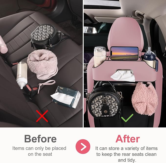 Sancaral Car Rear Backseat Extra Multifunctional Drink Cup Holder Organizers with Tissue Storage Box Organizer & Hooks for Car Seat Back. Pink