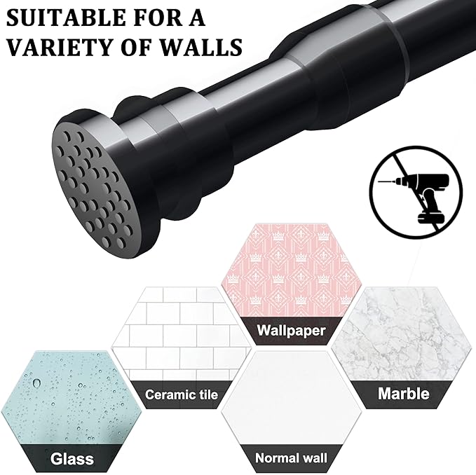 Small Tension Curtain Rods 16 to 28 Inches, Adjustable Expandable Short Shower Rod Non-Slip Non Drill Spring Tension Rod for Windows, Closet, Kitchen, Black