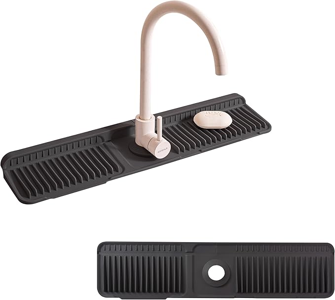 24" Silicone Sink Splash Guard - Kitchen Sink Accessories with Drip Tray, Sponge Holder & Soap Dish, 6° Slope Design for Easy Drainage, Foldable & Fasten Button for Secure Fit, （Black）