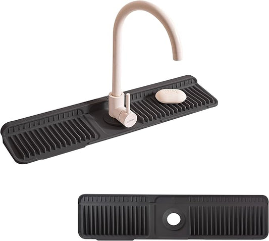 24" Silicone Sink Splash Guard - Kitchen Sink Accessories with Drip Tray, Sponge Holder & Soap Dish, 6° Slope Design for Easy Drainage, Foldable & Fasten Button for Secure Fit, （Black）