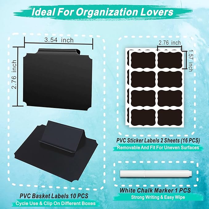 27-Piece Set of Basket Labels Clip On for Storage Bins: 10 Erasable Plastic Kitchen Pantry Labels, 16 Removable PVC Tag Stickers, 1 White Chalk Marker, for Organization Container, Jar, Shelf, Laundry