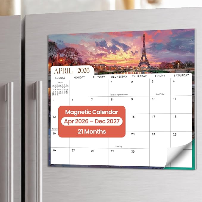 Aesthetic 2026-2027 Magnetic Calendar for Refrigerator, 21-Month Fridge Calendar Magnet from April 2026 to December 2027, Easy Organizing, Global Attractions