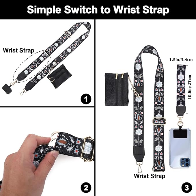 XANGNIER Clip and Go Strap for Phone with Wallet Crossbody, Phone Strap with Zippered Wallet, Adjustable Anti Theft Cellphone Lanyard for Women, Cellphone Chain Accessories, Multicolor 3
