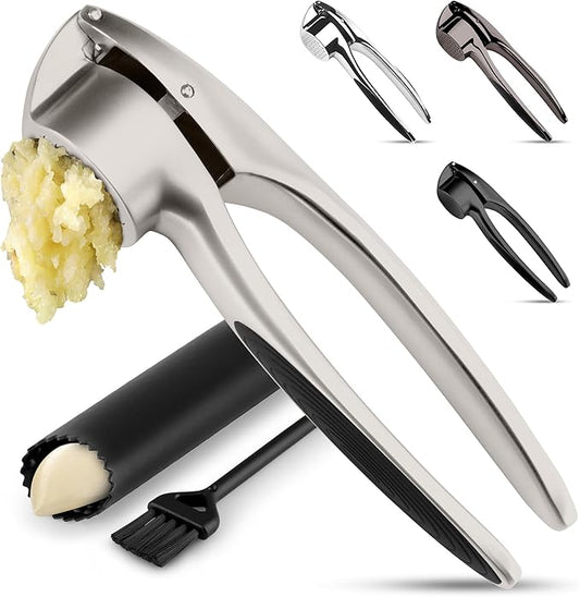 Zulay Kitchen Premium Garlic Press Set – Rust Proof & Dishwasher Safe Garlic Mincer Tool with Silicone Garlic Peeler & Brush, Easy Squeeze & Clean, Ergonomic Soft Grip Handle - Medium – Chrome