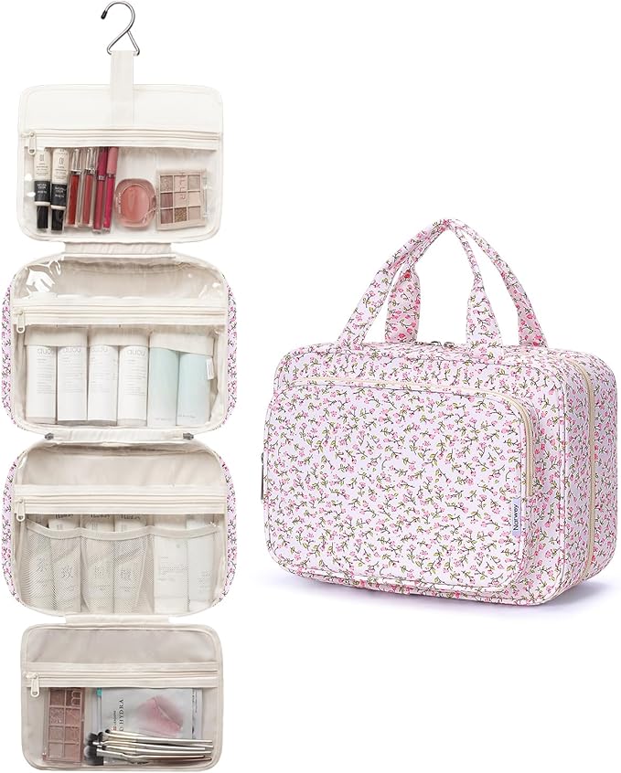 Narwey Travel Toiletry Bag for Women Large Hanging Makeup Bag Organizer Toiletries Bag for Full Size Essentials Accessories Cosmetics (Green Leaves and Flower (Large))