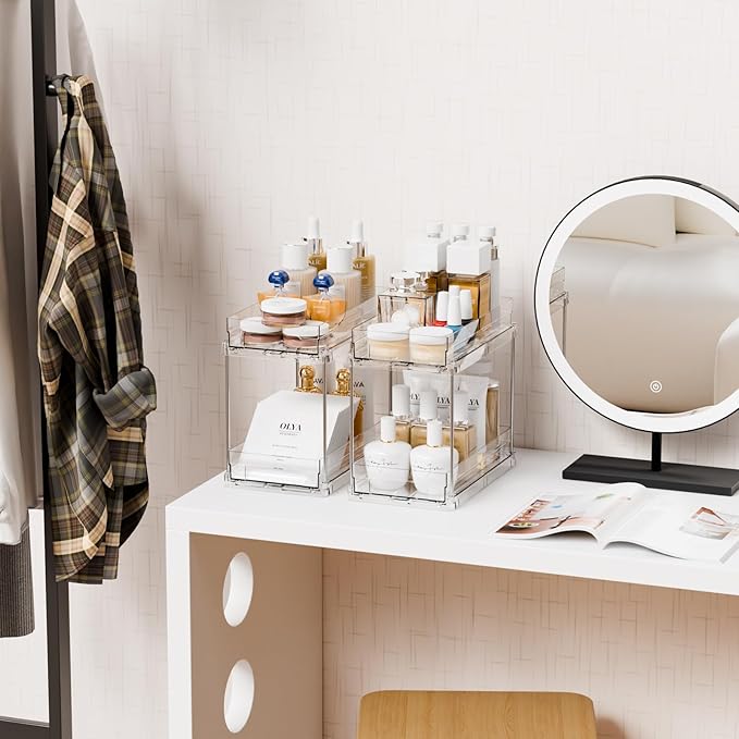 Yieach 4 Set Clear Pull Out Bathroom Organizers and Storage,2 Tier Under Sink Organizer and Medicine Cabinet Organizer,Small Slide Out Drawers for Pantry,Under Cabinet,Kitchen Storage and Organization