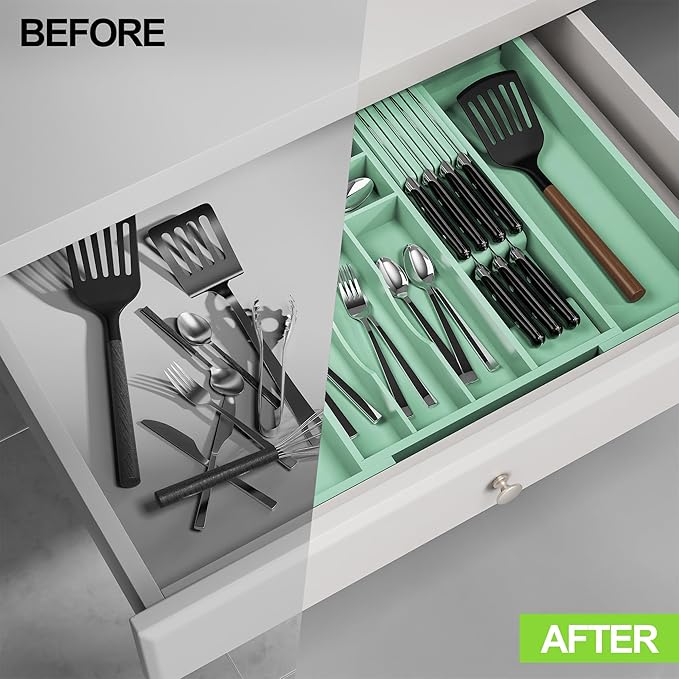 Bamboo Kitchen Drawer Organizer, Expandable Silverware Organizer with Removable Knife Block, 6-8 Slots - Utensil Holder & Cutlery Tray Drawer Dividers, 2.36" Deep for Extra Capacity, Cyan