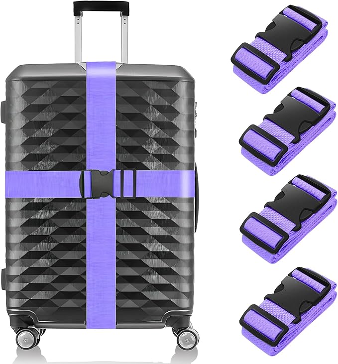 BILIONE 4 Pack Luggage Straps 79" Long Belts Keep Suitcase Secure While Traveling, TSA Approved Add a Bag Premium Accessory for Travel Bag Closure (4 Pcs Purple)