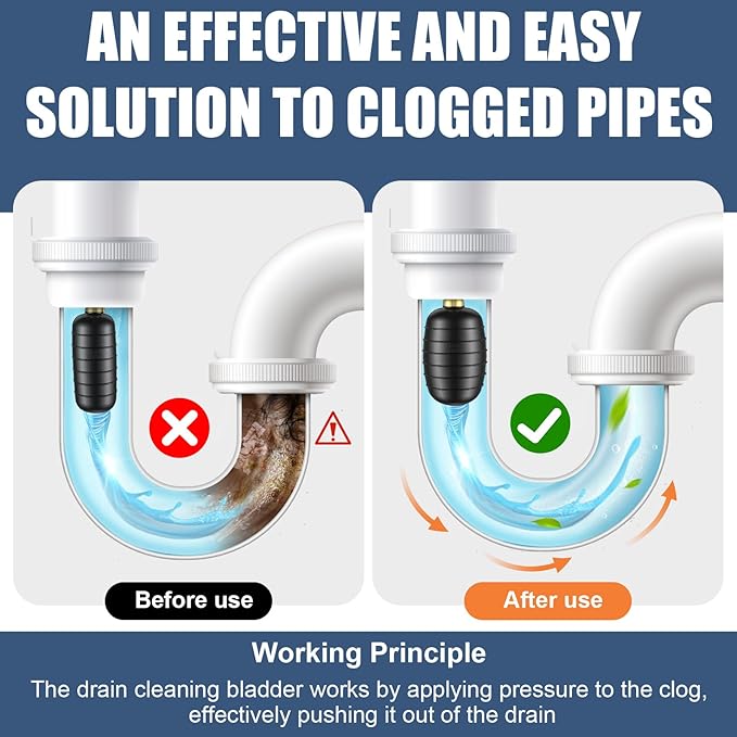 3 Pcs Drain Bladder Kit, Drain Cleaning Bladder Fits 1" to 6" Pipes, with 10 ft Retractable Hose, Shut-Off Valve & Brass Faucet Adapter Fits Most Faucets– For Sinks, Showers, Pools & Drains (Green)
