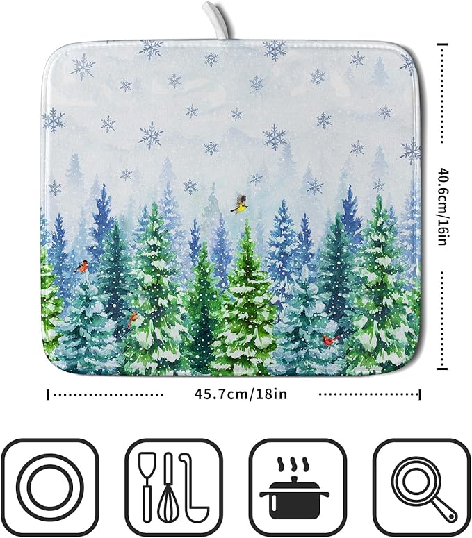 Winter Dish Drying Mat Forest Kitchen Mat for Counter for Home Season Decor 18 X 16 In