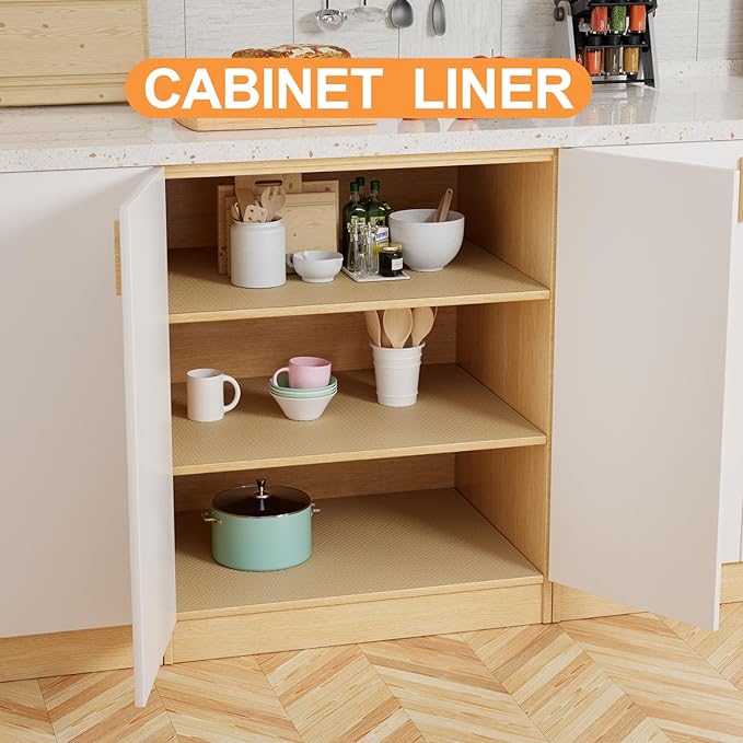 Shelf Liners for Kitchen Cabinets Waterproof - 15 Inch x 20 FT Easy to Clean Drawer Liner - Non-Adhesive Cupboard Mat for Pantry Shelves Khaki