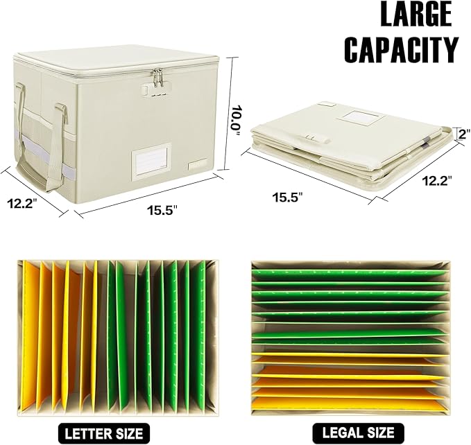 ENGPOW File Box with Lock, Fireproof Document Box with Zipper Lid, Collapsible File Storage Organizer Filing Cabinet with Handles, Portable Home Office Safe for Hanging Letter/Legal Folders, Beige, 2 Pack