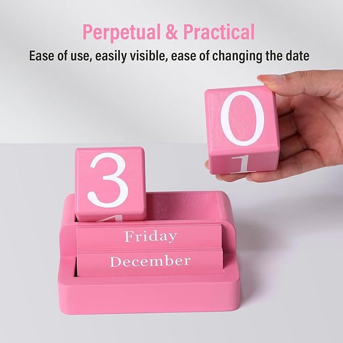 Wooden Block Calendar for Desk, Daily Desktop Perpetual Desk Calendar, Modern Farmhouse Aesthetic Desk Accessories for Home Office Decor, Teacher, Classroom, Reusable Yearly, Pink