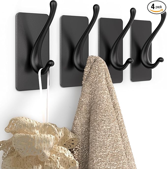 JCHOUS Towel Hooks, Solid Alloy Adhesive Wall Hooks for Hanging, Towel Hooks for Bathroom, RV, Kitchen, Closets, etc (Black, 4 Pack)
