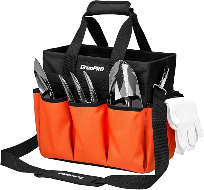 Garden Tool Bag Organizer, Heavy Duty Gardening Tote Toolbox with 10 Pockets, Adjustable Shoulder Strap, Standable & Foldable for Tool Storage, Home Garden Kit, Orange (Tools Not Included)