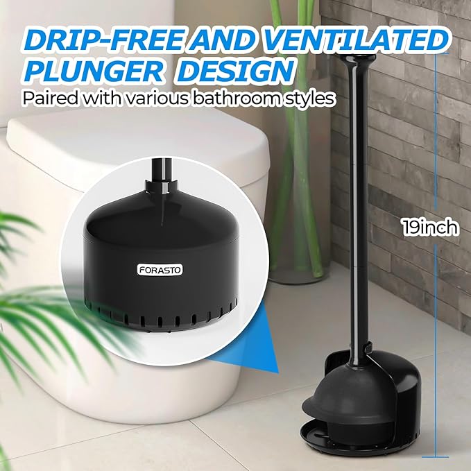 FORASTO 2Pack Toilet Plunger with Holder，Plungers for Bathroom with Holder, Toilet Plunger with Cover，Bathroom Plunger，Bathroom Decor，Toilet Bowl Cleaners,Bathroom Accessories，Black(19inch)