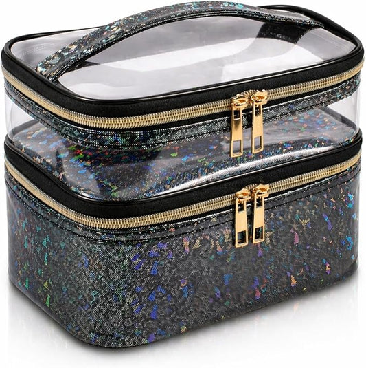 Double-layer Makeup Bag Cosmetic Bag Travel Makeup Cases Organizer Toiletry Bag Gift for Women, Portable Waterproof (Black)