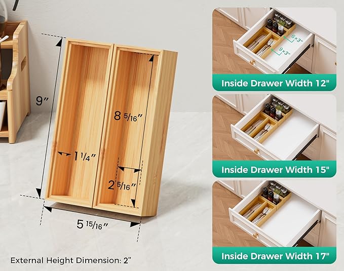 Bamboo Kitchen Drawer Organizer Boxes – 9" x 3" Stackable Wood Silverware Utensil Tray for Drawers Bins, Cutlery & Flatware Storage – Wooden Organizers Set of 2 for Junk Drawer, Bathroom, RV