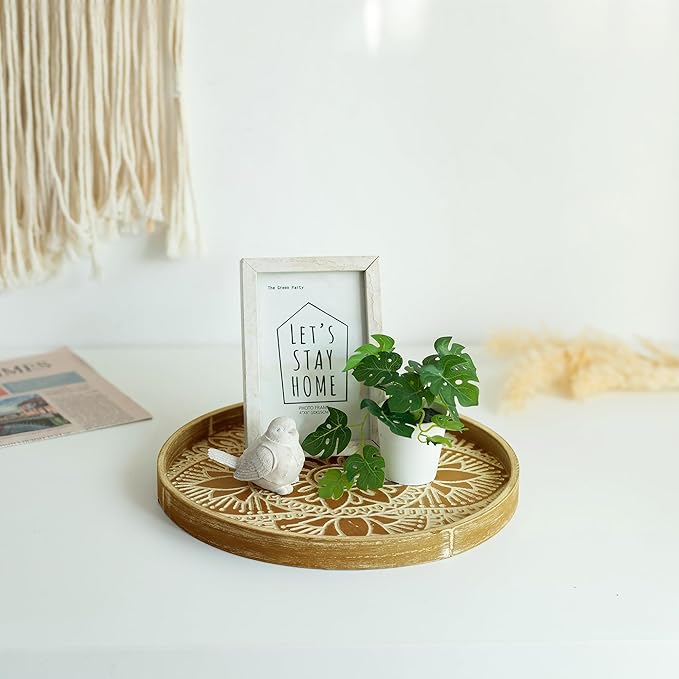 Hanobe Round Decorative Tray for Centerpiece: 2Pcs Vintage Coffee Table Trays with Boho Bead Garland for Home Decor - Farmhouse Wood Serving Platter Circle for Kitchen Counter Women