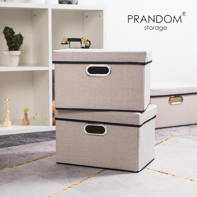 PRANDOM Foldable Storage Bin with Lid [3-Pack] Linen Fabric Decorative Storage Box Organizer Container Basket Cube with Handles Divider for Closet Office Living Room Light Grey (14.9x9.8x9.8)