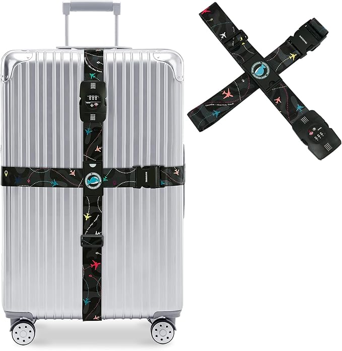Travelkin Luggage Straps TSA Approved - Adjustable Cross Suitcase Straps with TSA Lock, Reinforced Buckle, Unique Pattern - Secure Heavy Duty Luggage Straps for Travel (Air Line Black)