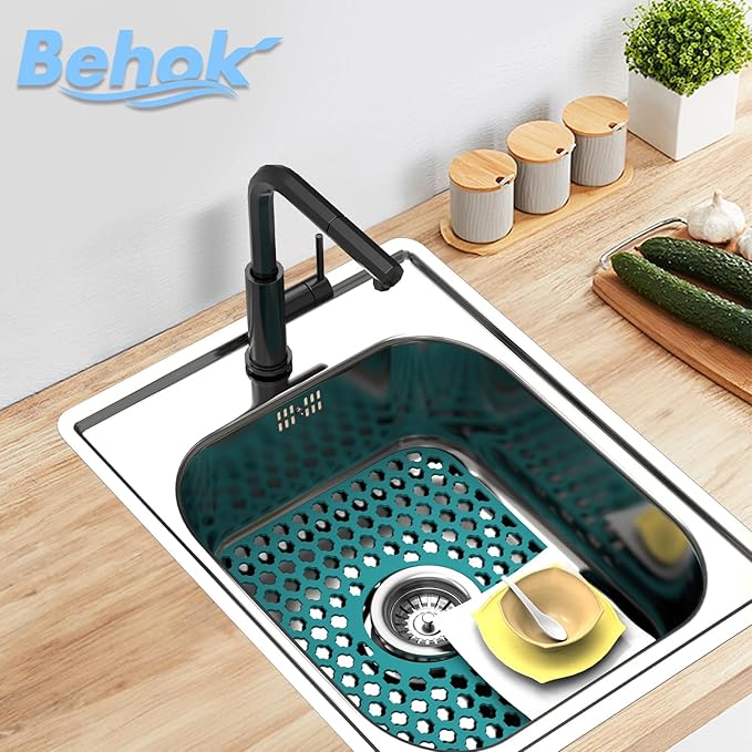 BEHOK Silicone Sink Protector for Kitchen Bathroom Sink, 2 Pack 13.58"x 11.6" Heat-resistant Mat, Non-Slip and Durable Silicone Protectors, Center Drain (Green)