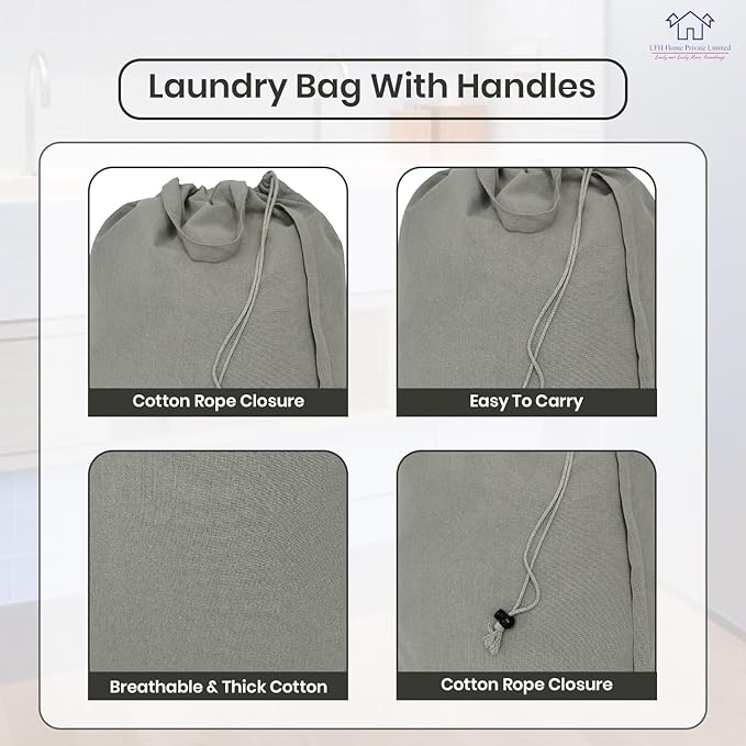 LFH Home Cotton Canvas Large Laundry Bag with Handle, Heavy Duty Drawstring Closure Washable Laundry Bags, School Travel, Home, Hotel, College Dorm, Organizer Sack, Toys Clothes 20x30 (Pack of 6)-Grey