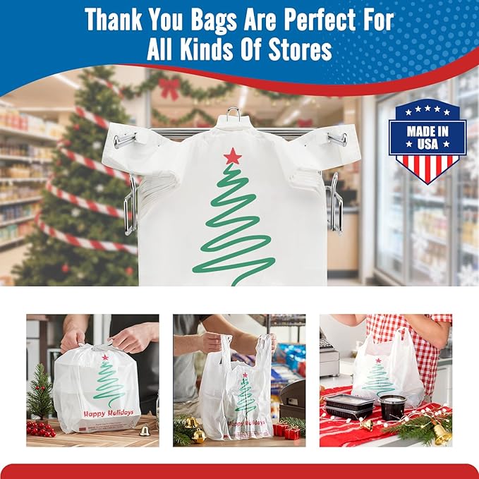 Fuxury 1000 Count - Happy Holiday Plastic T-shirt Bags with Handles (11.5" x 6.5" x 21"), Grocery, Take Out, To Go, Retail Shopping Bags in Bulk for Small Business