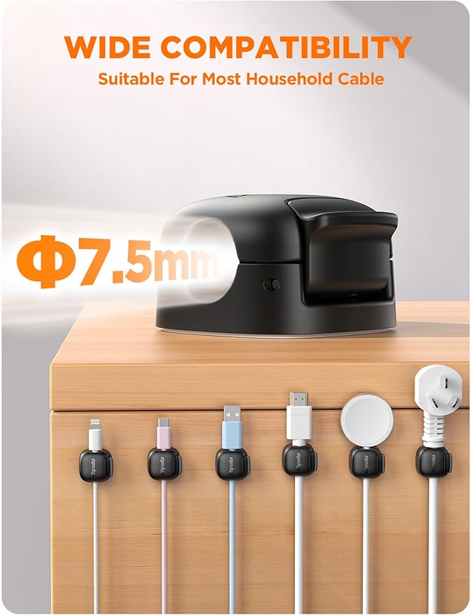 6-Pack Cord Organizer - Chfeila [Dual Spring & Clasp Lock] Cable Management Clips, Adhesive Phone Charger Keeper, Compact Wire Holder for Nightstand/Car, Home Office Desk Accessories Decor Essentials