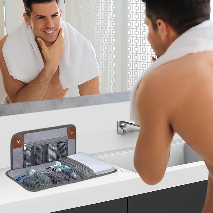 Toiletry Bag for Men, Travel Essentials Travel Toiletry Bag, Water-Resistant Compact Bathroom Roll Organizer for Hygiene, Shaving kit, Gifts for men (5.Mystery Gray(Polyster))