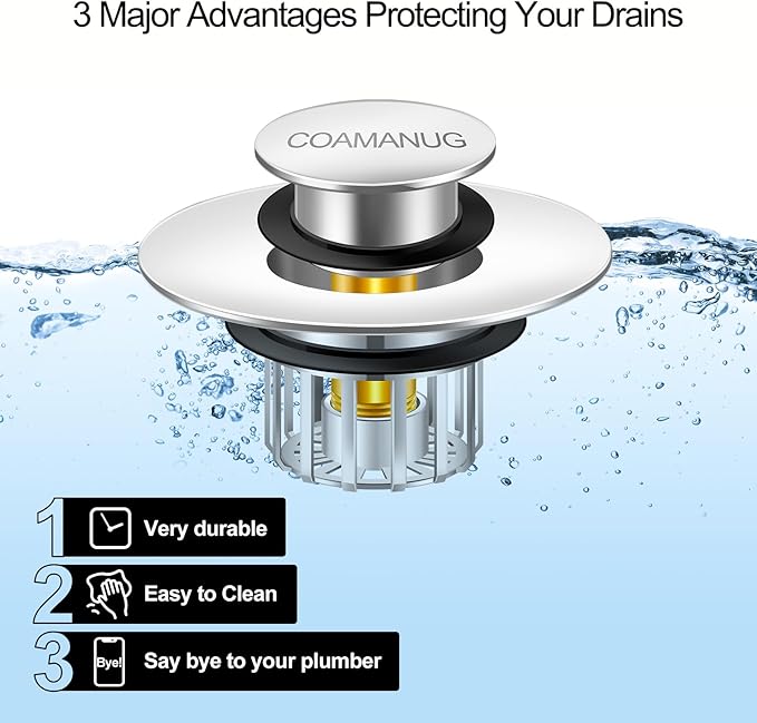 COAMANUG Bathtub Stopper | Shower Drain Hair Catcher, Pop-up Tub Stopper with Strainer | Pop-up Bathtub Drain Plug | Drain Protector for 1-1/2 to 1-3/4" Bath Drain Hole- Pearl Chrome
