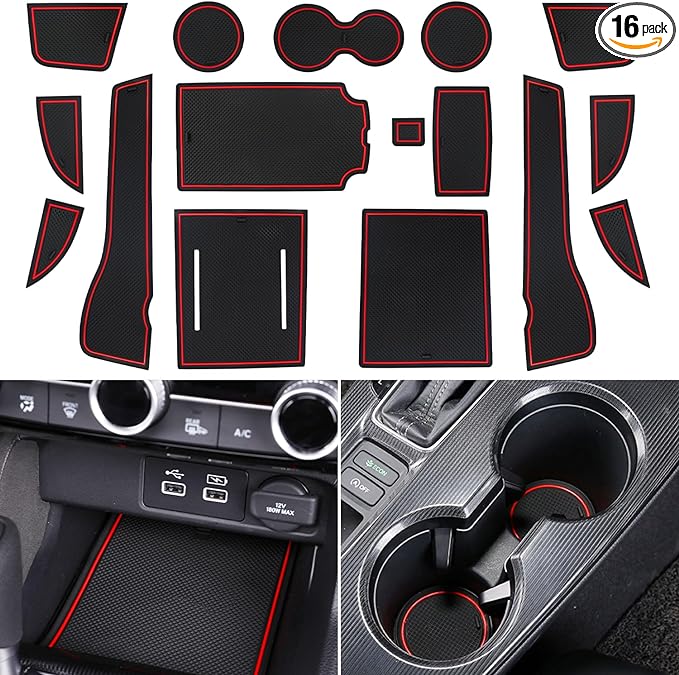 Center Console Liner for Honda Civic 11th Gen Sedan Accessories 2022-2024 2025 2026, Cup Holder Mat, Coaster Trim, Door Slot Pad, Non-Slip Interior, Custom Rubber Decoration Insert (16pcs, Red)