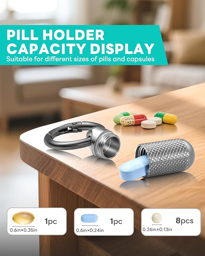 TISUR Titanium Keychain Pill Holder Small Metal Pill Case, Pill Organizer Portable Waterproof Pill Container, Travel Pill Bottle Box for Purse (Tiny-0.39inch)
