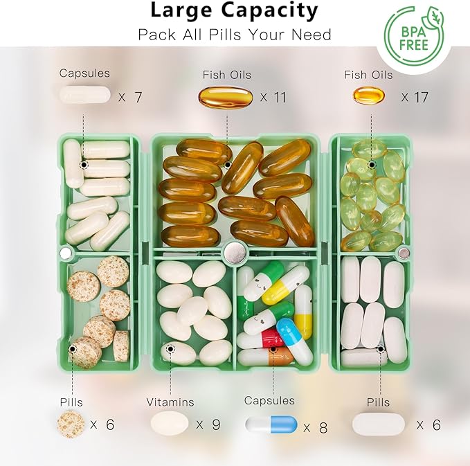 FYY Daily Pill Organizer, 7 Compartments Portable Pill Case Travel Pill Organizer,[Folding Design] Pill Box for Purse Pocket to Hold Vitamins,Cod Liver Oil,Supplements and Medication-Green