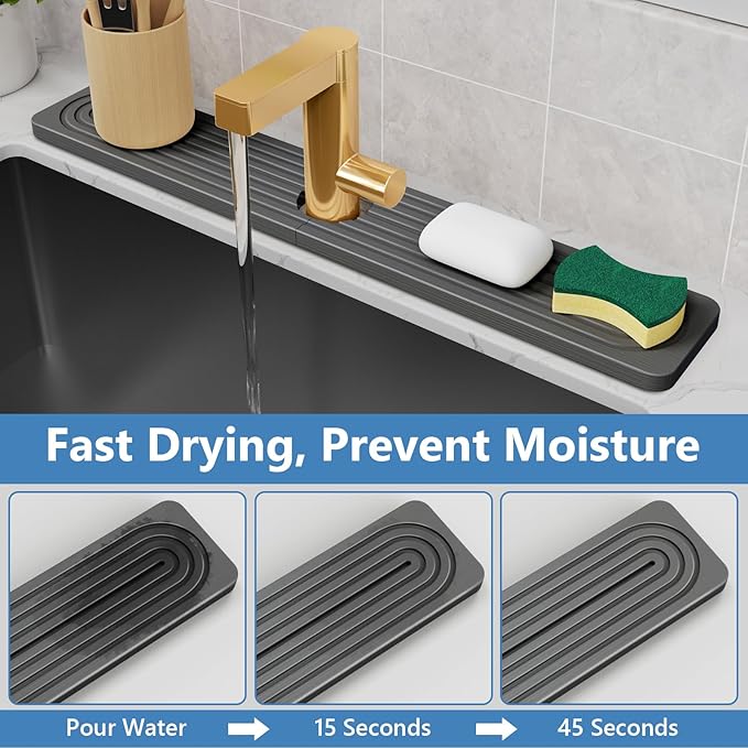 24'' Longer Faucet Mat for Kitchen Sink [Diatomite Stone Super Fast Drying] Stone Faucet Mat for Kitchen Sink Splash Guard Sinks Stones Quick Dry Around Faucets Stones Drying Mats Bathroom
